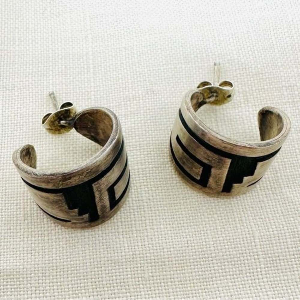 Silver and Black Hoop Earrings with beautiful geometric indigenous pattern